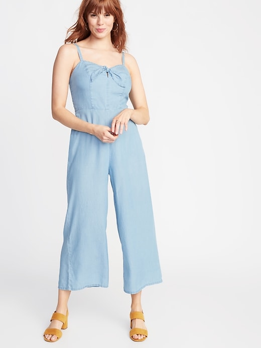 Image number 1 showing, Sleeveless Bow-Tie Front Chambray Jumpsuit for Women