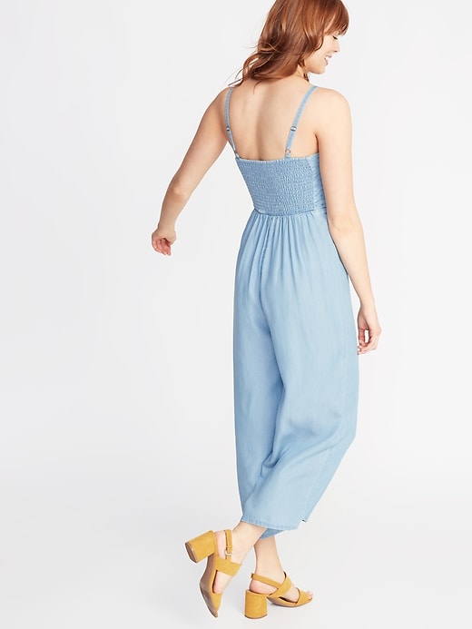 Image number 2 showing, Sleeveless Bow-Tie Front Chambray Jumpsuit for Women