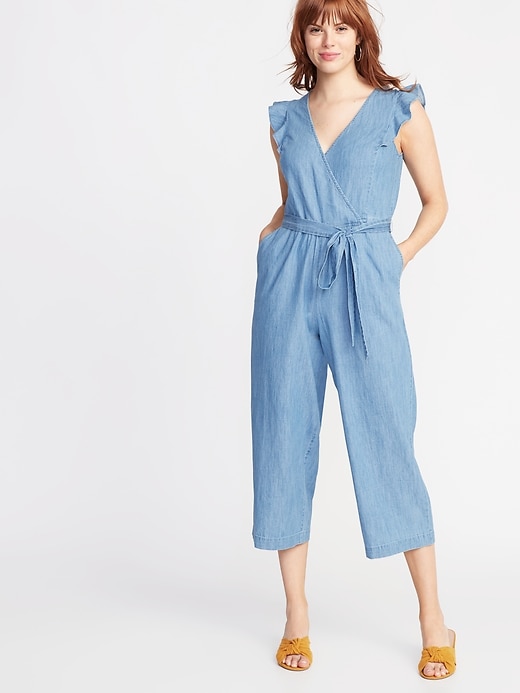 Image number 1 showing, Chambray Faux-Wrap Tie-Belt Jumpsuit for Women