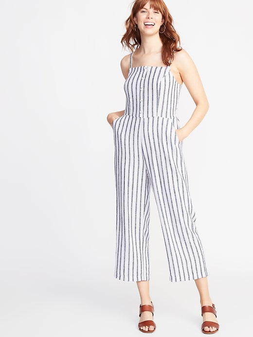 Image number 1 showing, Striped Button-Front Linen-Blend Jumpsuit for Women