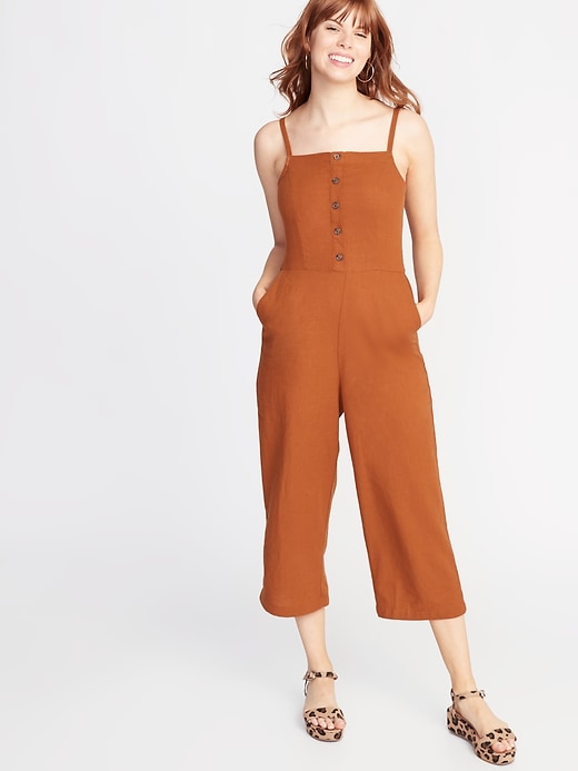 View large product image 1 of 2. Button-Front Linen-Blend Cami Jumpsuit for Women