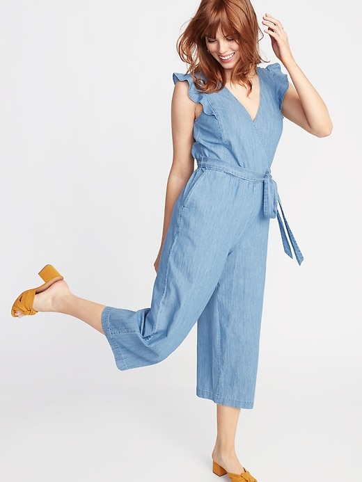 Image number 4 showing, Chambray Faux-Wrap Tie-Belt Jumpsuit for Women