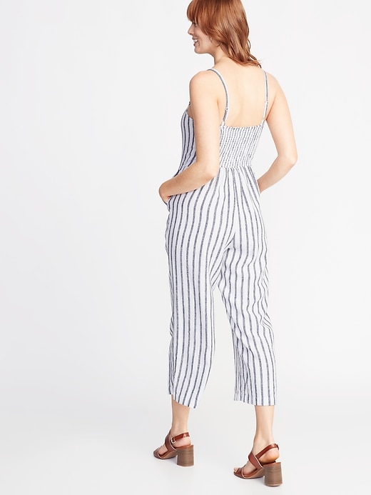 Image number 2 showing, Striped Button-Front Linen-Blend Jumpsuit for Women