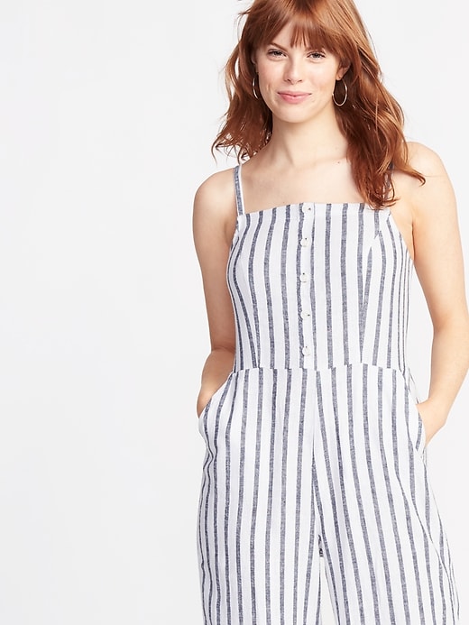 Image number 4 showing, Striped Button-Front Linen-Blend Jumpsuit for Women