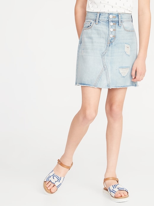 View large product image 1 of 1. High-Waisted Frayed-Hem Button-Fly Jean Skirt For Girls