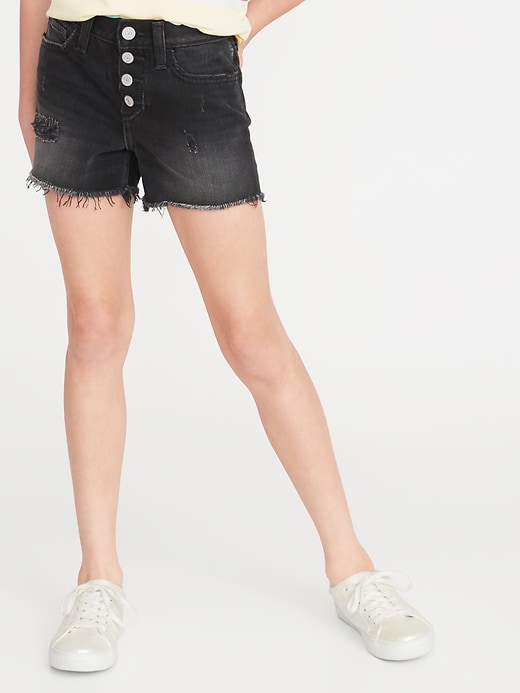 View large product image 1 of 3. High-Waisted Button-Fly Distressed Black Denim Shorts For Girls
