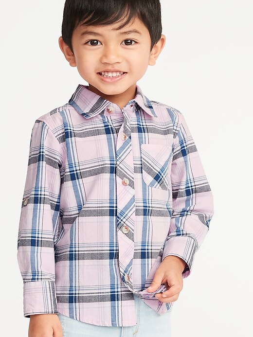 View large product image 1 of 4. Built-In Flex Plaid Roll-Sleeve Shirt for Toddler Boys