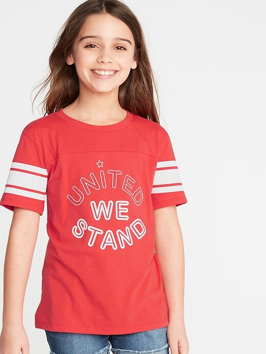 View large product image 1 of 1. Graphic Sleeve-Stripe Tunic Tee for Girls