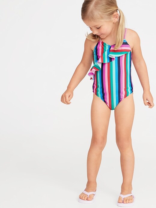 View large product image 1 of 1. Diagonal-Ruffle Swimsuit for Toddler Girls