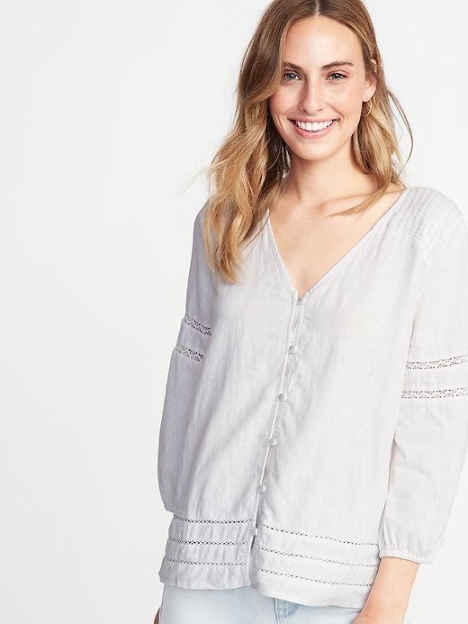 View large product image 1 of 1. Crochet-Lace Trim Linen-Blend Button-Front Blouse for Women