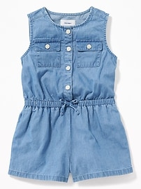 View large product image 3 of 3. Sleeveless Chambray Utility Romper for Toddler Girls