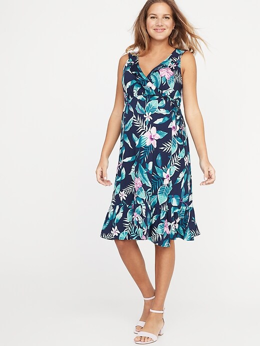 Image number 1 showing, Maternity Ruffled Waist-Defined Faux-Wrap Dress