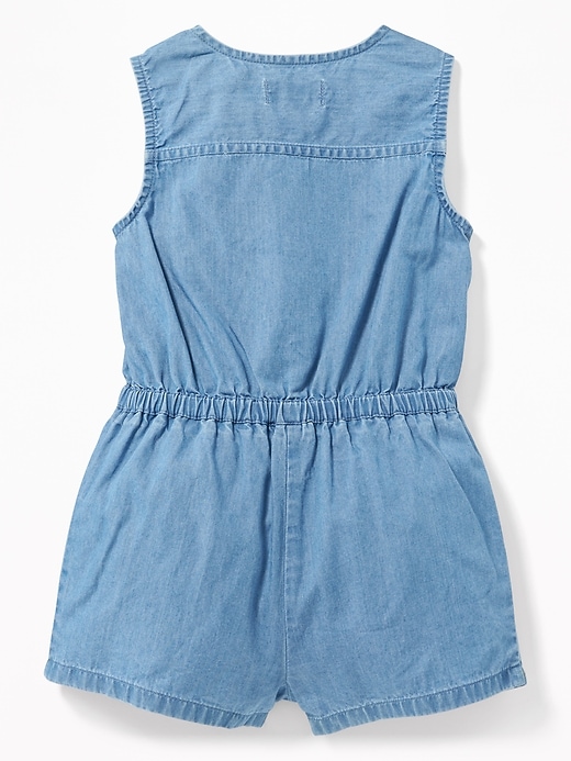 View large product image 2 of 3. Sleeveless Chambray Utility Romper for Toddler Girls