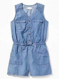 View large product image 3 of 3. Sleeveless Chambray Utility Romper for Girls