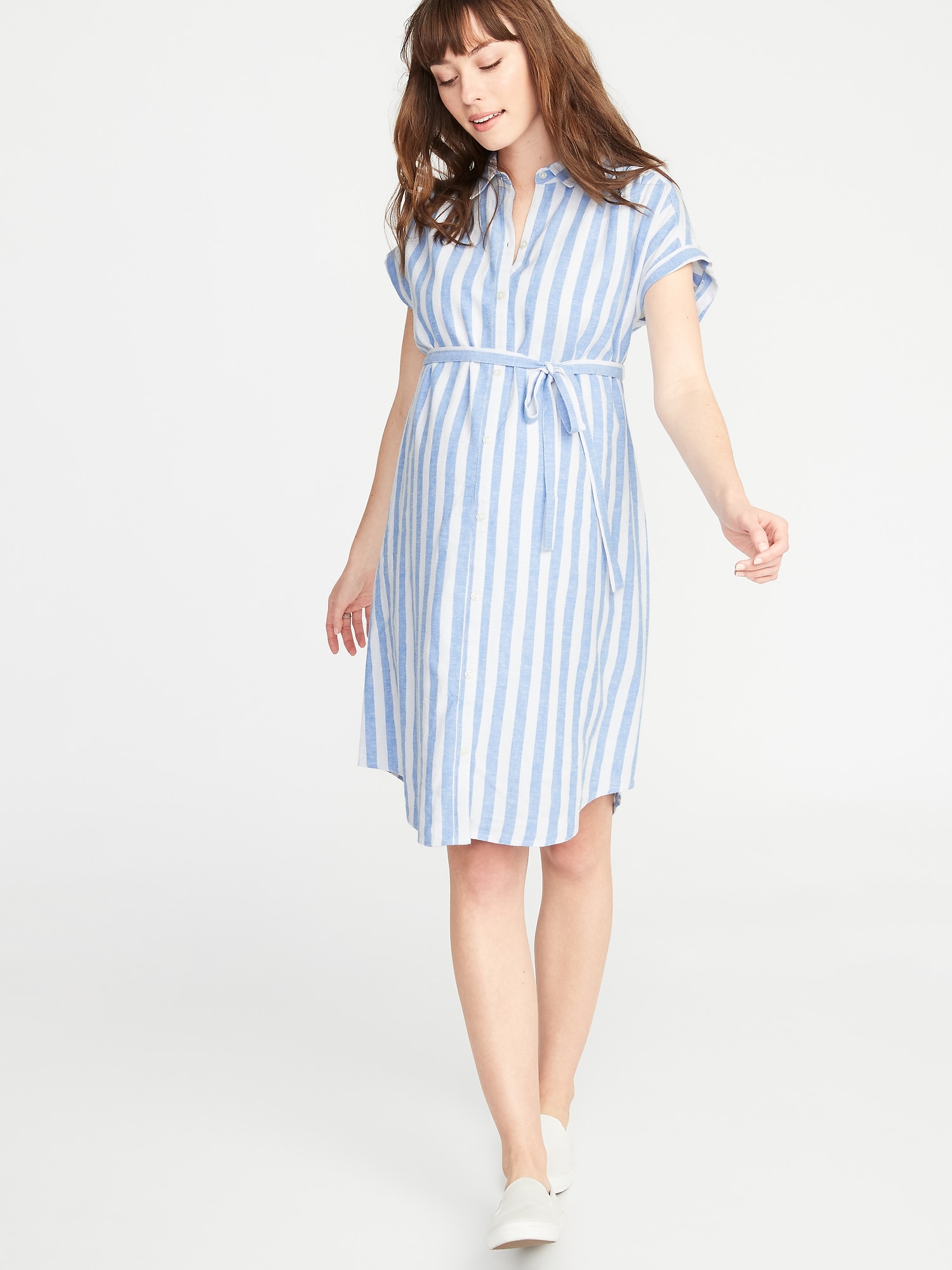 Maternity Striped Linen  Blend Tie Belt  Shirt  Dress  Old Navy 