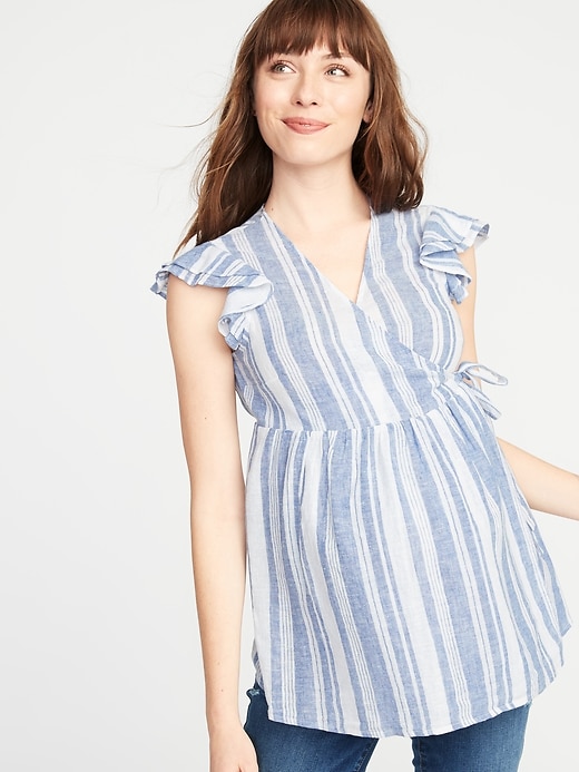 Image number 1 showing, Maternity Ruffled Linen-Blend Wrap Top