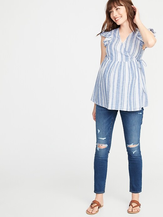 Image number 3 showing, Maternity Ruffled Linen-Blend Wrap Top