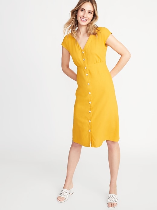 View large product image 1 of 2. Button-Front V-Neck Linen-Blend Midi for Women