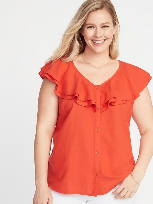 Image number 1 showing, Ruffled V-Neck No-Peek Button-Front Plus-Size Blouse