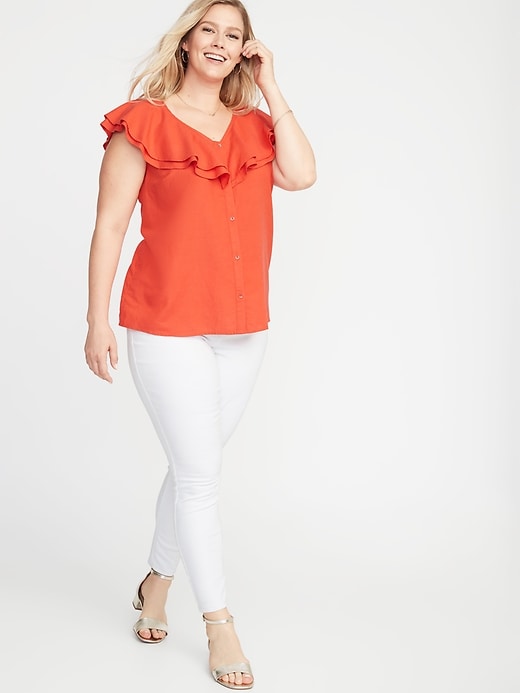 Image number 3 showing, Ruffled V-Neck No-Peek Button-Front Plus-Size Blouse