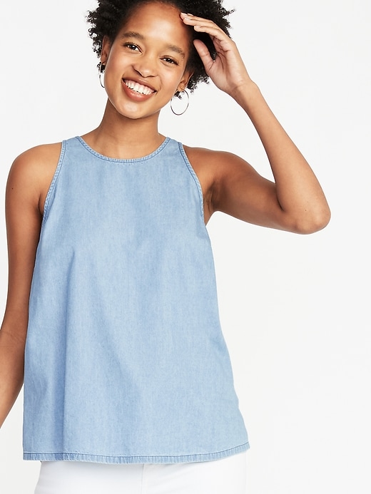 Image number 1 showing, Chambray High-Neck Sleeveless Top For Women