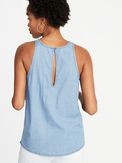 Image number 2 showing, Chambray High-Neck Sleeveless Top For Women