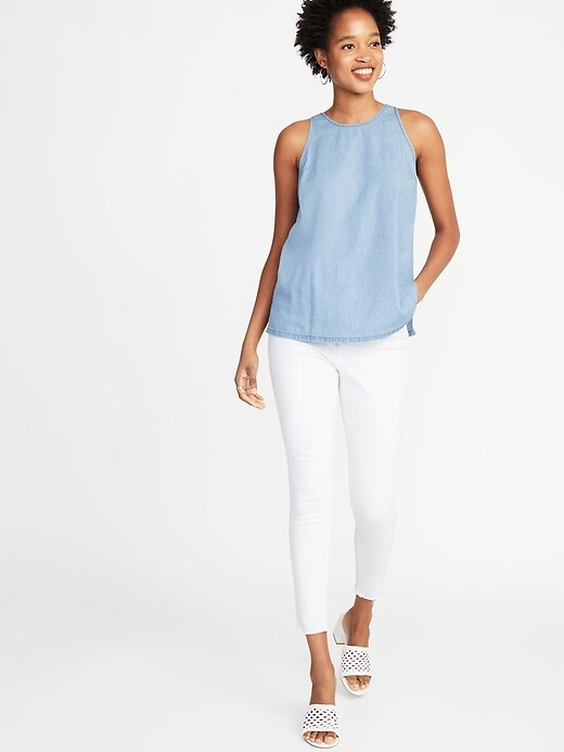 Image number 3 showing, Chambray High-Neck Sleeveless Top For Women