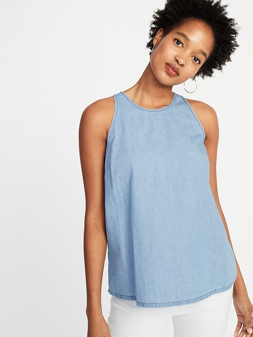 Image number 4 showing, Chambray High-Neck Sleeveless Top For Women