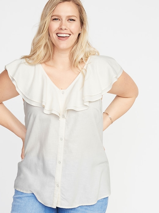 View large product image 1 of 1. Ruffled V-Neck No-Peek Button-Front Plus-Size Blouse