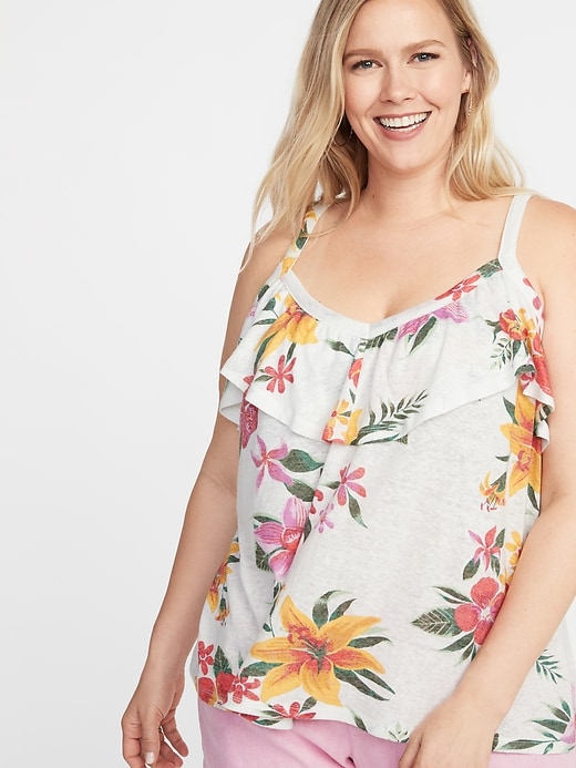 View large product image 1 of 1. Printed Ruffled Linen-Blend Plus-Size Sleeveless Top