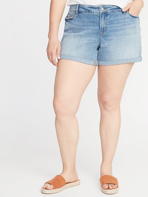 View large product image 1 of 3. Mid-Rise Boyfriend Distressed Plus-Size Jean Shorts - 5-Inch Inseam