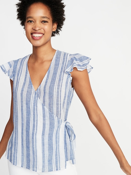 Image number 1 showing, Striped Linen-Blend Wrap Top for Women