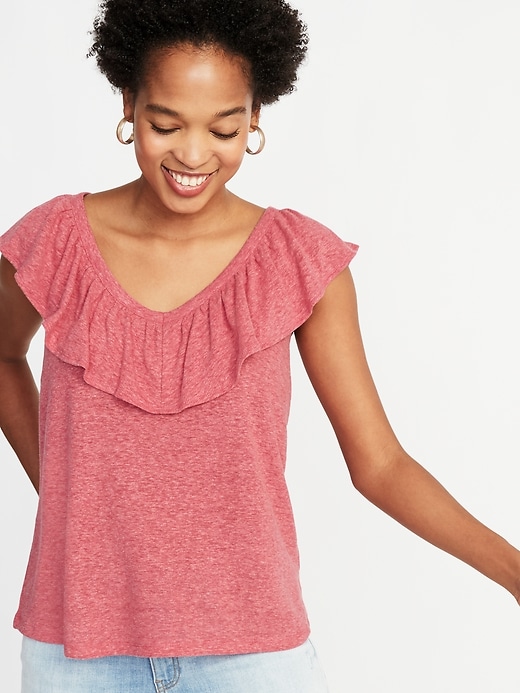 View large product image 1 of 1. Ruffle-Trim Linen-Blend Top for Women