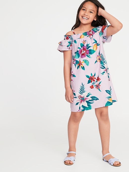 View large product image 1 of 1. Printed Cold-Shoulder Swing Dress for Girls