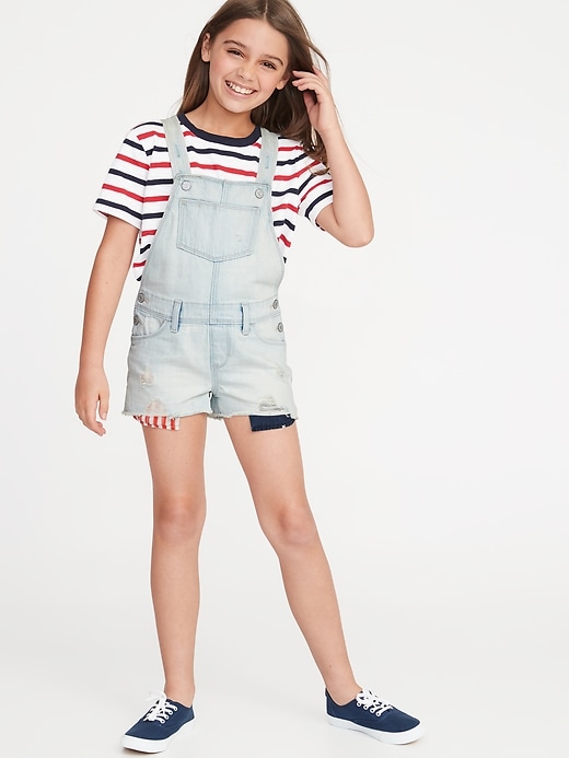 View large product image 1 of 4. Americana Distressed Jean Shortalls For Girls