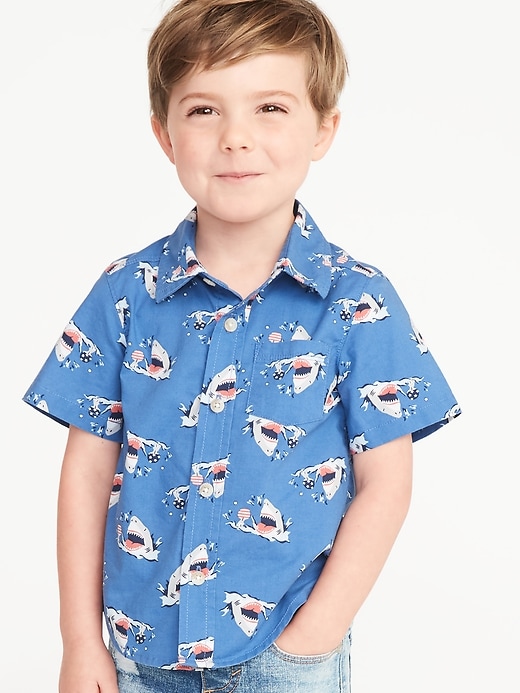 View large product image 1 of 4. Built-In Flex Shark-Print Shirt for Toddler Boys