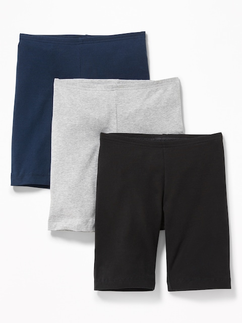Long Jersey Biker Shorts 3-Pack For Girls - Navy Blue/Black/Heather Gray