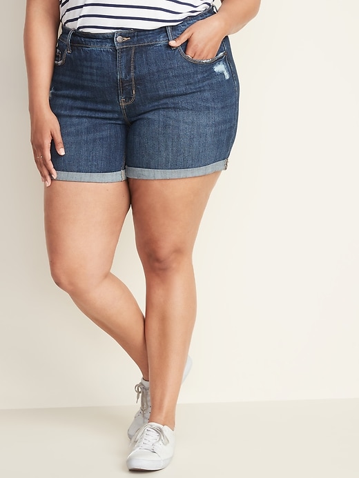 Image number 1 showing, High-Waisted Secret-Slim Pockets Plus-Size Distressed Jean Shorts - 5-Inch Inseam