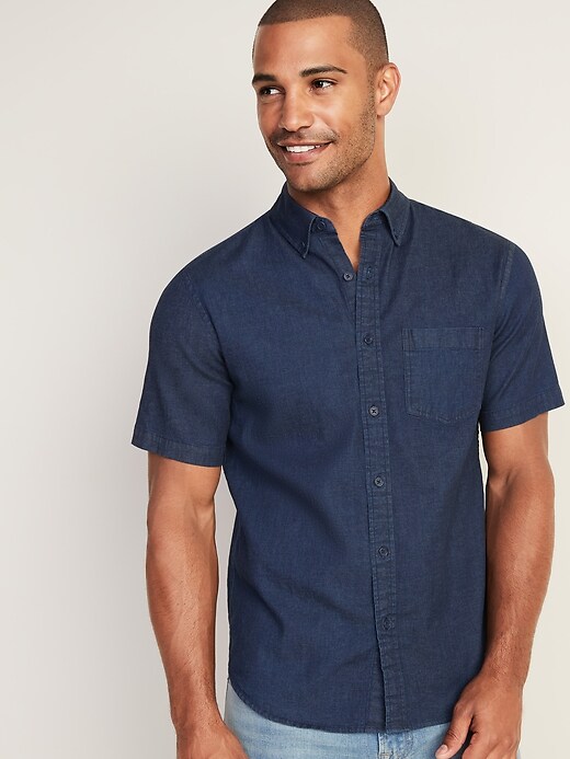 View large product image 1 of 1. Regular-Fit Built-In Flex Chambray Shirt