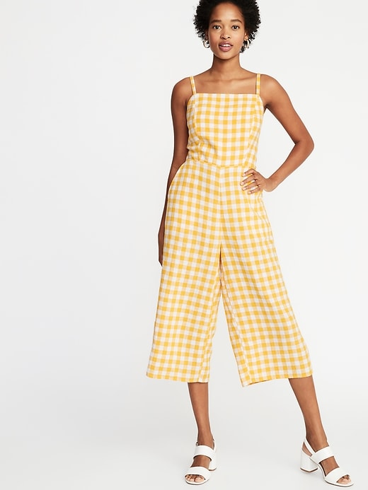 Image number 1 showing, Waist-Defined Square-Neck Gingham Cami Jumpsuit for Women