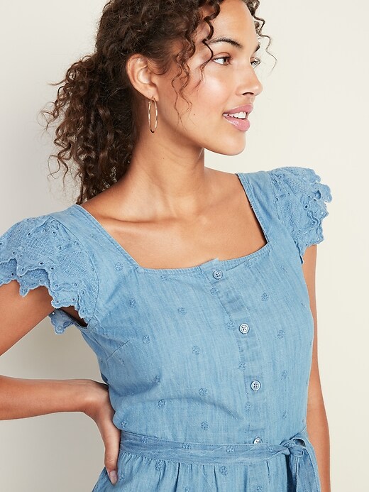 Image number 4 showing, Chambray Cutwork Waist-Defined Tie-Belt Dress for Women