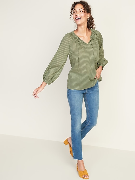 Image number 3 showing, Tie-Neck Shadow-Stripe Gauze Blouse for Women