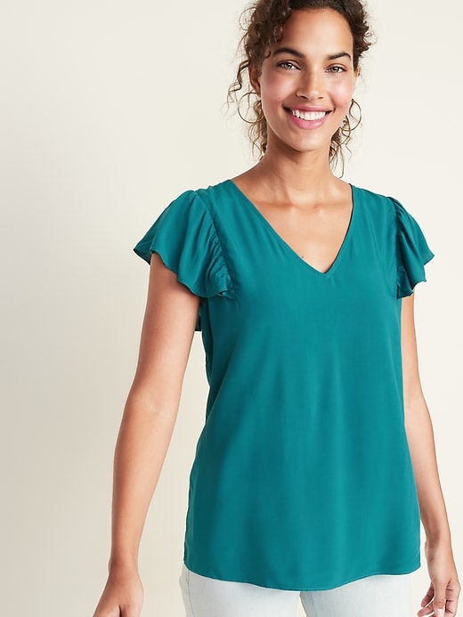 View large product image 1 of 1. Ruffle-Trim V-Neck Top for Women