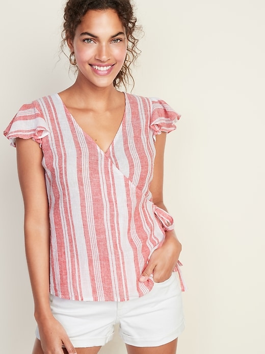 View large product image 1 of 1. Striped Linen-Blend Wrap Top for Women