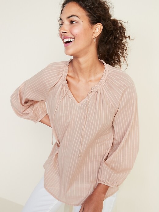 Image number 1 showing, Ruffled Tie-Neck Shadow-Stripe Blouse for Women