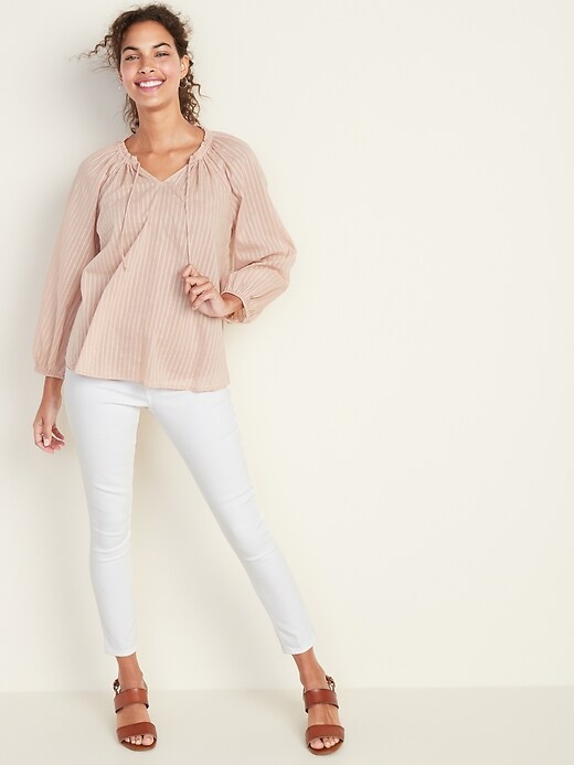 Image number 3 showing, Ruffled Tie-Neck Shadow-Stripe Blouse for Women