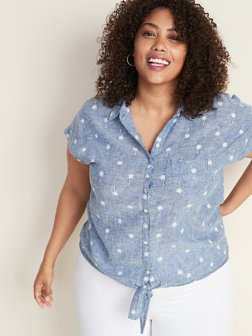 Image number 1 showing, Printed Tie-Front Plus-Size Linen-Blend Shirt
