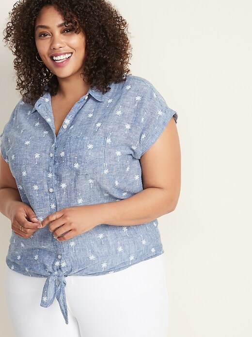 Image number 4 showing, Printed Tie-Front Plus-Size Linen-Blend Shirt
