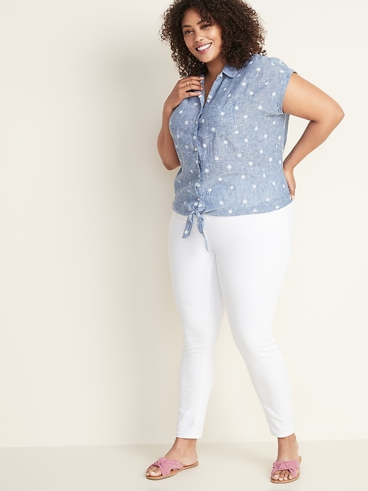 Image number 3 showing, Printed Tie-Front Plus-Size Linen-Blend Shirt