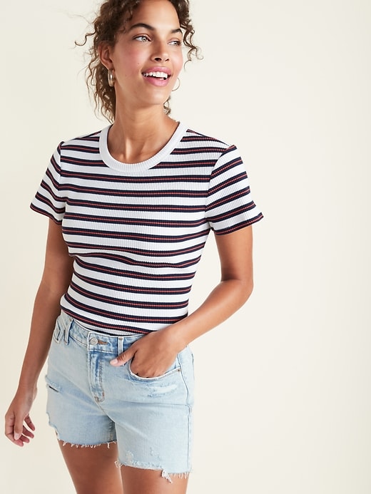 View large product image 1 of 1. Slim-Fit Striped Rib-Knit Ringer Tee for Women